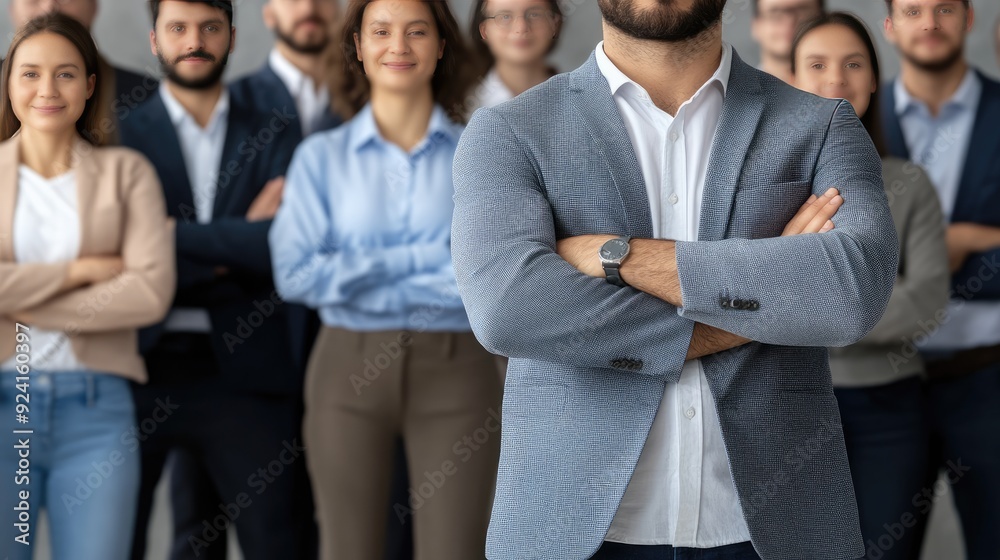 A businessman poses confidently with arms crossed, surrounded by colleagues in uniforms in a modern office environment A businessman poses confidently with arms crossed, surrounded by colleagues in uniforms in a modern office environment