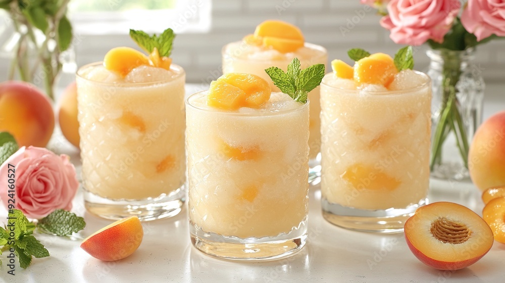 Fototapeta premium A vase of peaches and three glasses full of drinks rests on a table