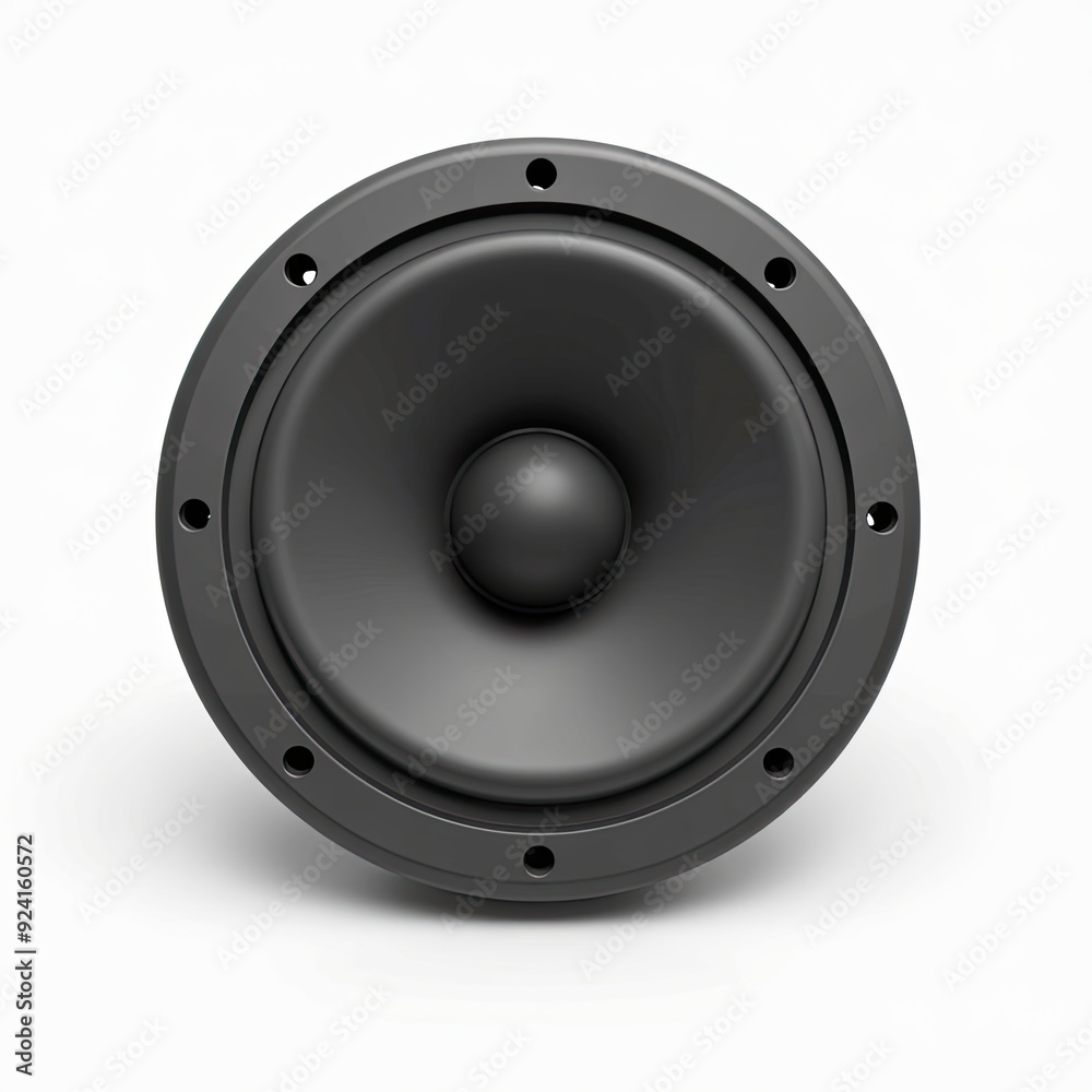 Close-up of a round black speaker with a gray outer rim on a white background. Close-up of a round black speaker with a gray outer rim on a white background.