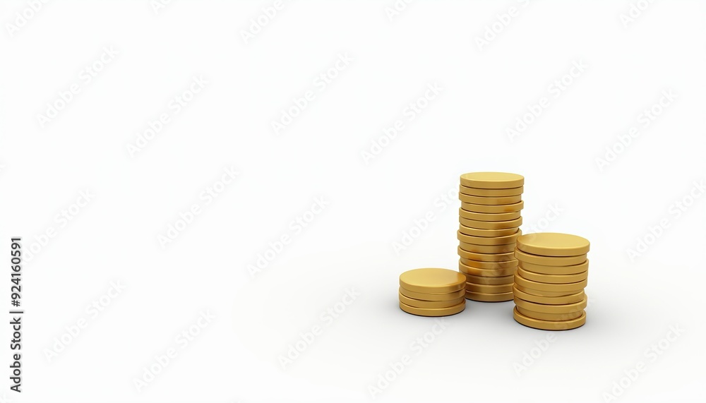 Stacks of gold coins arranged on a clean white background, conveying wealth and saving. Stacks of gold coins arranged on a clean white background, conveying wealth and saving.