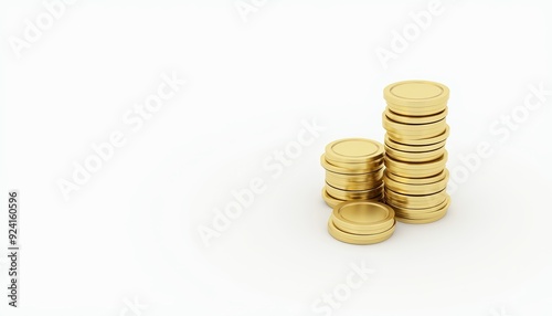 Stacks of gold coins on a plain white background, symbolizing wealth and financial growth.