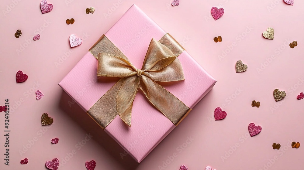 A pink gift box adorned with a gold bow on a pink background, encircling by golden & silver hearts and confetti A pink gift box adorned with a gold bow on a pink background, encircling by golden & silver hearts and confetti
