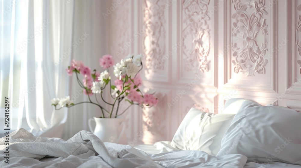 A romantic bedroom with soft pink embossed wall panels that give off a delicate and feminine vibe. A romantic bedroom with soft pink embossed wall panels that give off a delicate and feminine vibe.
