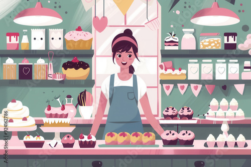 Illustration of femake baker at work, showcasing  assorted baked cupcakes and pastries.. photo