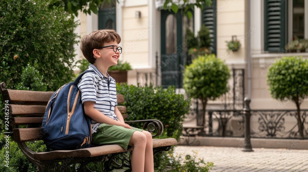 A little boy with glasses expresses pure joy while sitting on a bench in a vibrant park, freshly out of school, his backpack resting next to him A little boy with glasses expresses pure joy while sitting on a bench in a vibrant park, freshly out of school, his backpack resting next to him