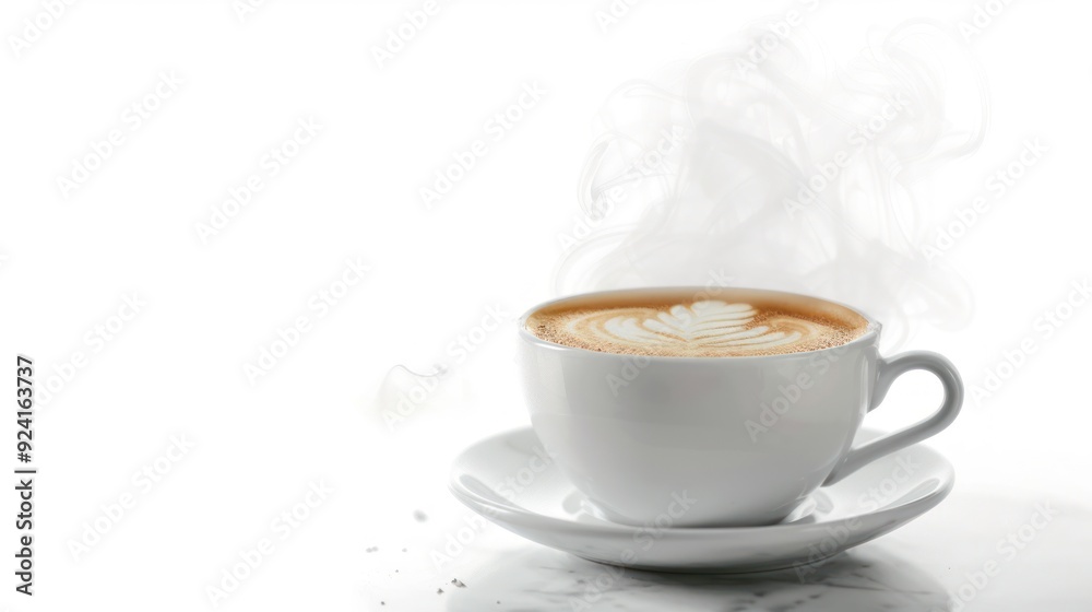 A steaming cup of coffee with latte art A steaming cup of coffee with latte art