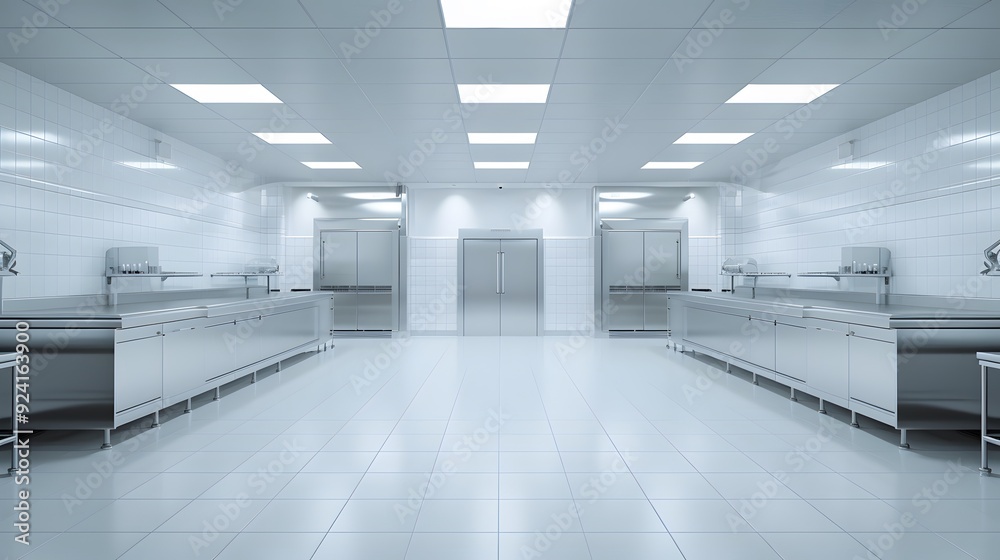 Fototapeta premium Modern Industrial Kitchen Interior With Kitchen Utensils, Equipment And Bakery Products
