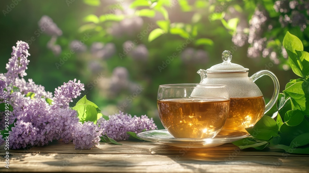 A wooden table with a teapot and a cup of lilac tea. lilac branches in full bloom. Warm, healthful spring tea A wooden table with a teapot and a cup of lilac tea. lilac branches in full bloom. Warm, healthful spring tea