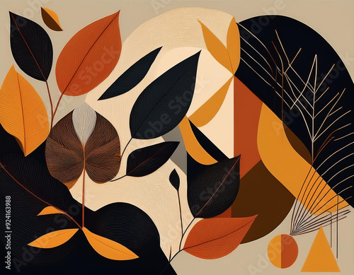 Modern Minimalist Pattern Geometric Shapes and Abstract Leaf Forms for Autumn Designs