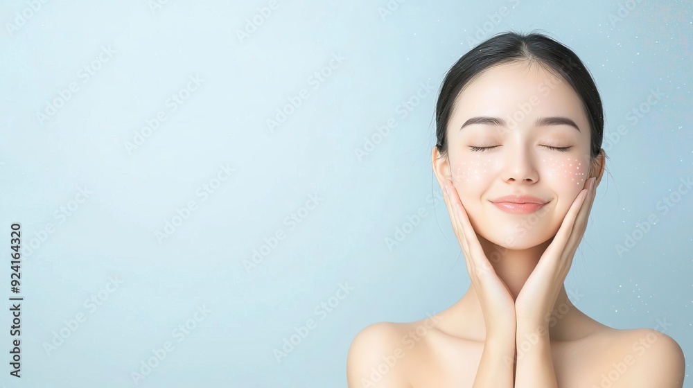 Beautiful Asian woman with flawless skin and closed eyes on blue background. Beautiful Asian woman with flawless skin and closed eyes on blue background.