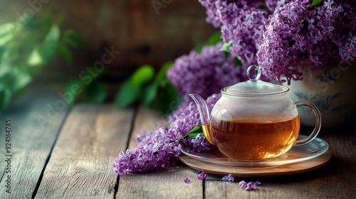 lilac tea in a cup on a wooden table. glass teapot with purple lilac blossoming branches