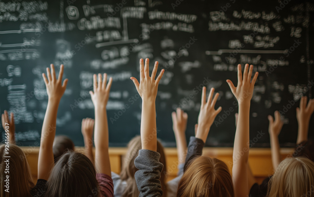 Rear view of a school kids raised hands for answering lesson against blackboard full of mathematics formulas in classroom Rear view of a school kids raised hands for answering lesson against blackboard full of mathematics formulas in classroom