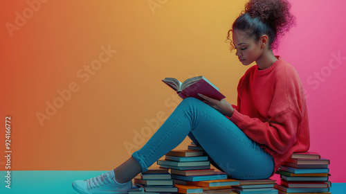 Closeup of a young African woman sitting on stack of books and reading a book on isolated background with space for copy