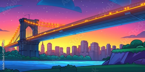 Animated Cityscape of Illuminated Bridge at Dusk over River with Skyline in Background and Scenic Purple-Hued Sky