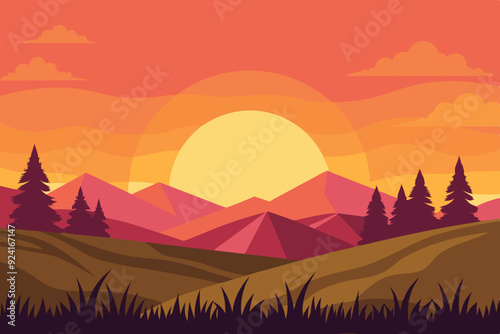 Serene Mountain and Beach Sunset Vector Illustration