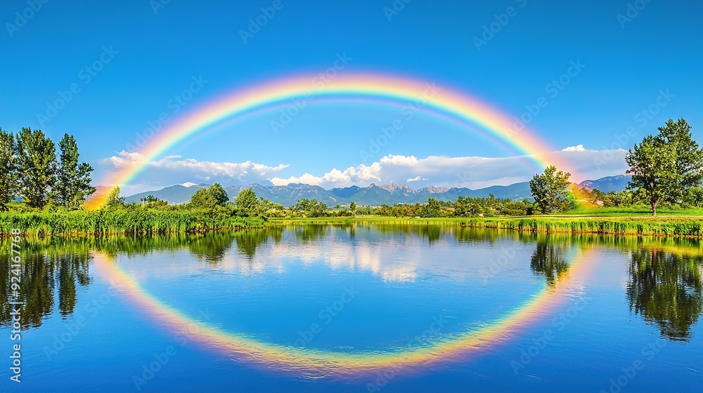 Rainbow in sky over water with mountains, trees in foreground Rainbow in sky over water with mountains, trees in foreground