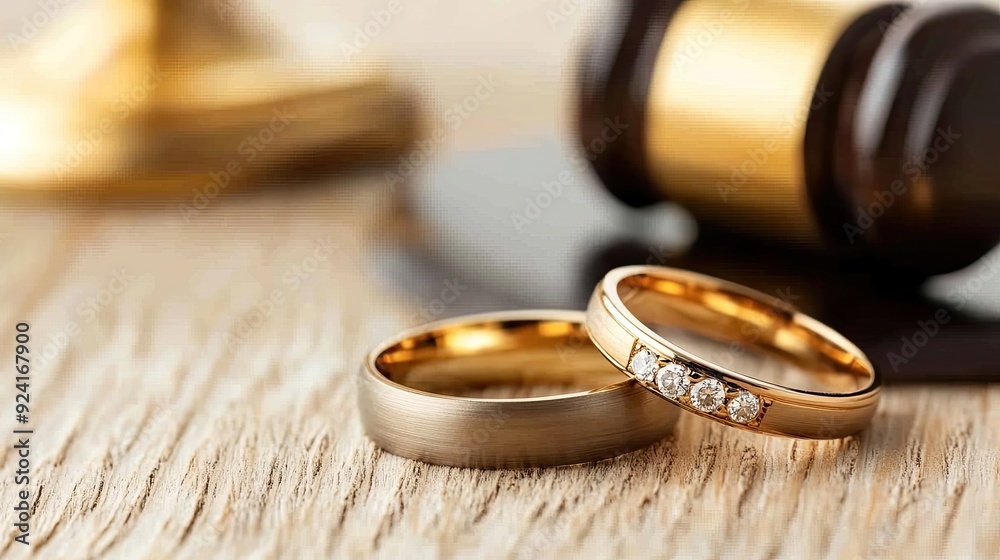 Gold wedding rings rest near a gavel and a lady justice statue, with an open book providing a scholarly backdrop to the scene Gold wedding rings rest near a gavel and a lady justice statue, with an open book providing a scholarly backdrop to the scene
