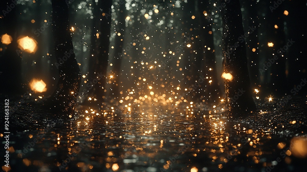 A rainy night scene depicted in a forest, featuring clear lights on the ground and tree silhouettes A rainy night scene depicted in a forest, featuring clear lights on the ground and tree silhouettes