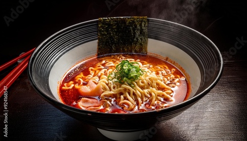 A dramatic shot of a bowl of spicy ramen with red chili oil