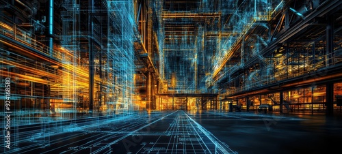 Wallpaper Mural Industrial steel framework, with blue blueprint elements and construction diagrams Torontodigital.ca