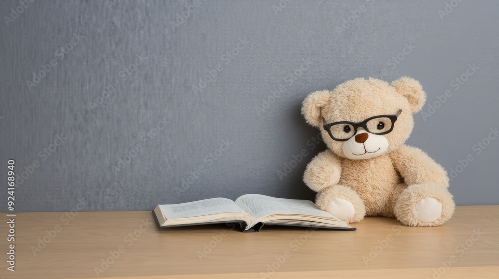 A teddy bear wearing glasses reads an open book on a table, symbolizing the joy of learning and the importance of education for children in a tranquil environment A teddy bear wearing glasses reads an open book on a table, symbolizing the joy of learning and the importance of education for children in a tranquil environment