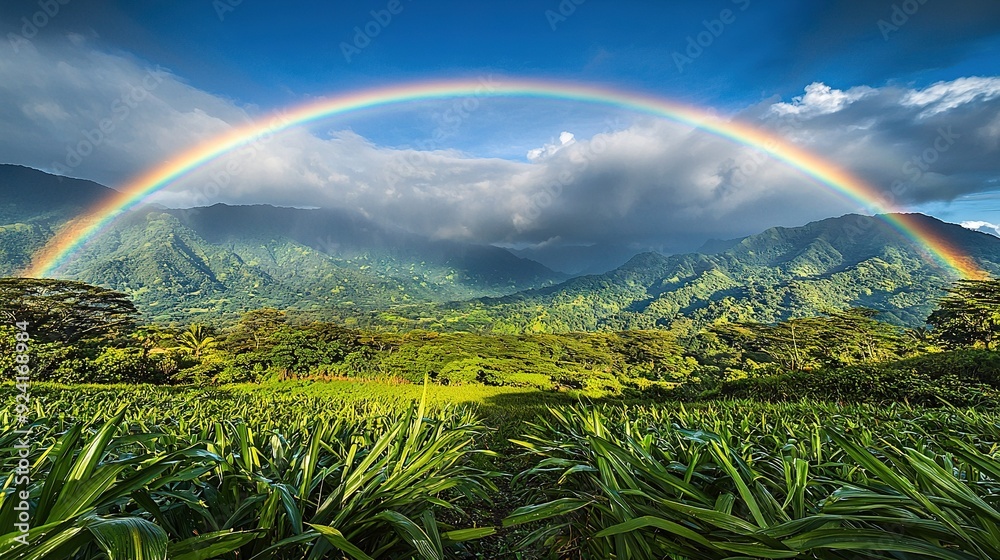 Obraz premium A rainbow illuminates the sky over a verdant valley, with majestic mountains looming in the background and wispy clouds overhead