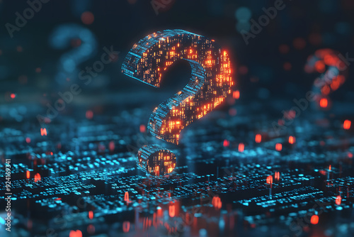 digital 3d question mark with binary code, ai in question answering systems, natural language processing algorithms, information retrieval platforms, and personalized knowledge assistance.
