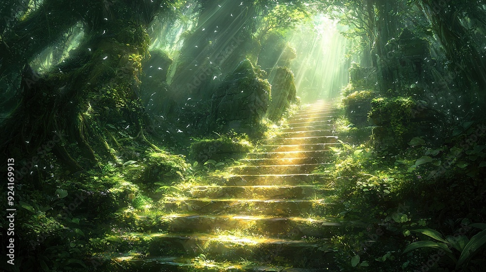Steps in forest with sunlight streaming through trees on either side Steps in forest with sunlight streaming through trees on either side