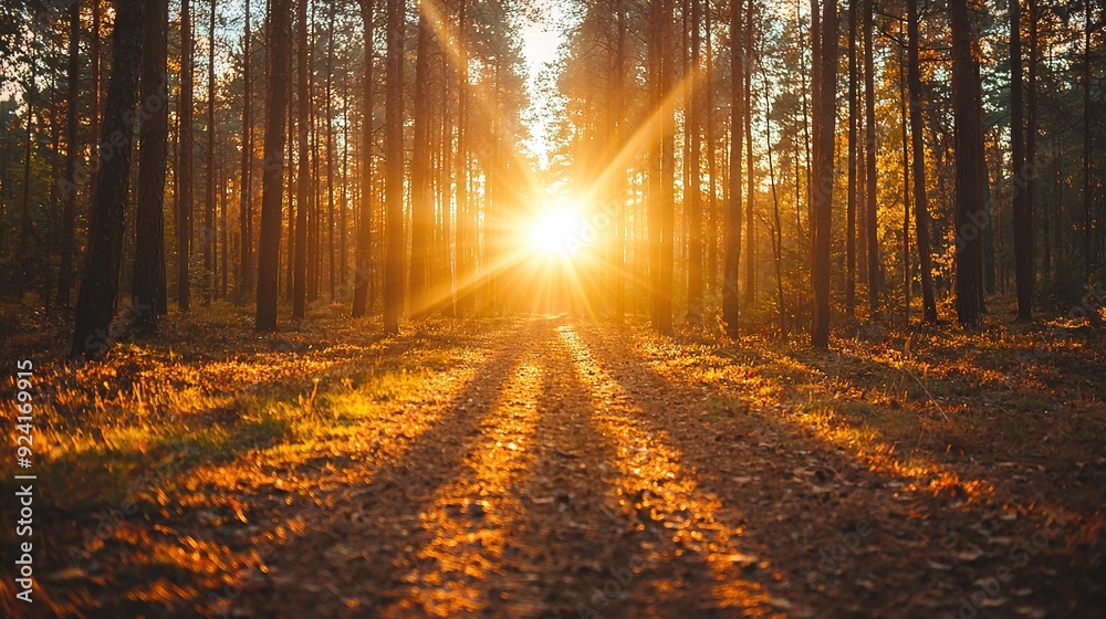 Fototapeta premium A dirt road lies amidst a forest, bathed in sunlight filtering through the tree canopy above, casting dappled shadows on the leaf-strewn ground below
