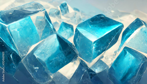 Abstract art of 3D render geometric transparent translucent floating falling tropical ocean blue ice cubes blocks, clear volumetric square shapes in motion on grey, white frozen background.