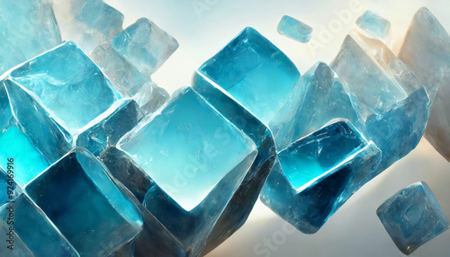Abstract art of 3D render geometric transparent translucent floating falling tropical ocean blue ice cubes blocks, clear volumetric square shapes in motion on grey, white and soft yellow background.