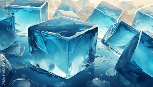 Abstract art of 3D render geometric transparent translucent falling tropical ocean blue ice cubes blocks, clear volumetric square shapes in motion on soft beige frozen background.