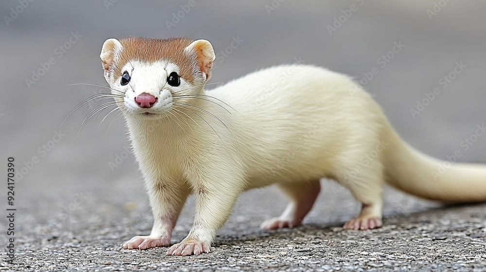 Fototapeta premium A brown and white ferret stands atop a gravel road, near a gray-white grass field