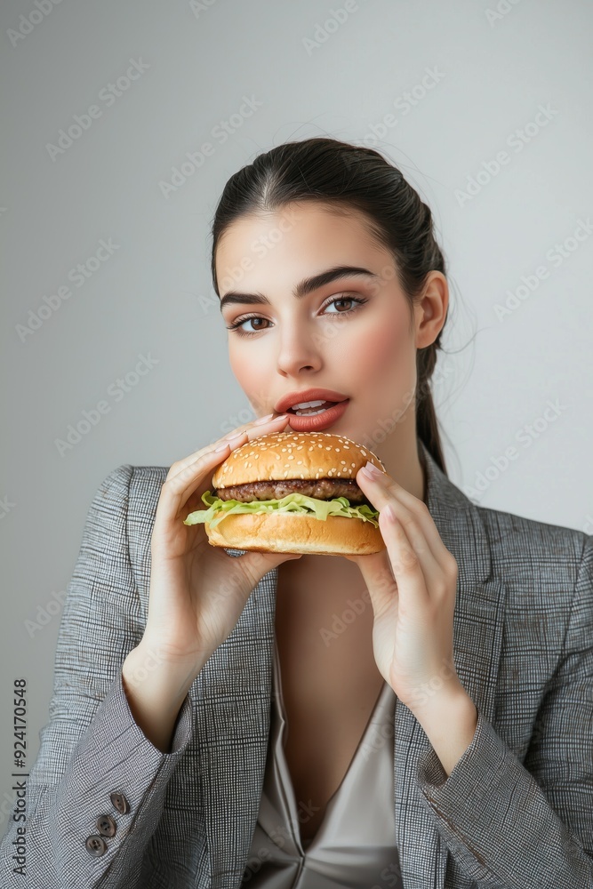 Young lady eating a burger while wearing a formal suit Generative AI Young lady eating a burger while wearing a formal suit Generative AI