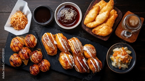 Various Japanese street foods including takoyaki and taiyaki with dipping sauce. photo