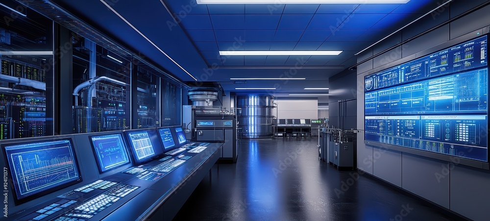 Water treatment facility's control room, featuring rows of monitors and control panels Water treatment facility's control room, featuring rows of monitors and control panels