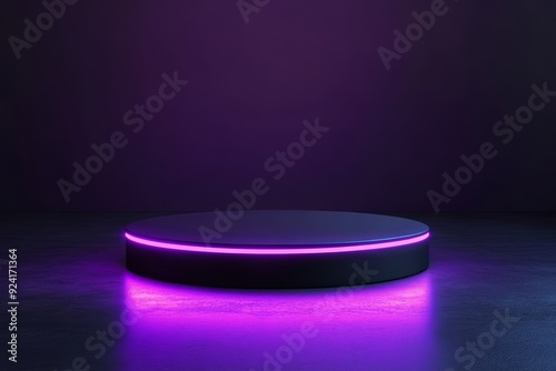 Empty podium stage in a dark black room with purple or pink neon light. Round dais or platform. Perfect for product presentation.