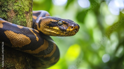 Anaconda snake on a tree in forest