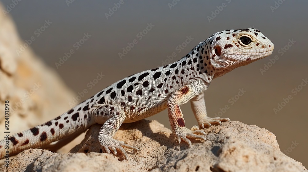 A close-up of a white and black spotted lizard with red markings on its legs, perched on a rock against a blurred background. A close-up of a white and black spotted lizard with red markings on its legs, perched on a rock against a blurred background.