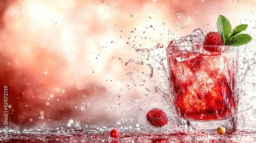  Close-up of glass filled with strawberries and water splashing