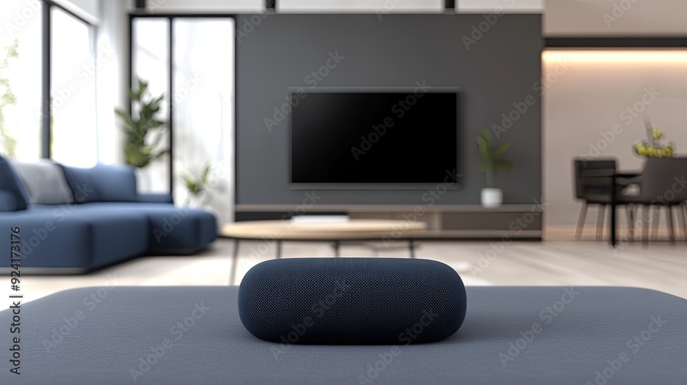 A smart speaker sits on a table, adding a touch of modern technology to a stylish living room featuring a light grey and blue color theme A smart speaker sits on a table, adding a touch of modern technology to a stylish living room featuring a light grey and blue color theme
