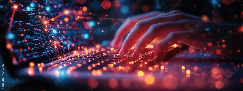 Coding with Neon Lights: A Closeup of Hands Typing on a Laptop Keyboard Coding with Neon Lights: A Closeup of Hands Typing on a Laptop Keyboard