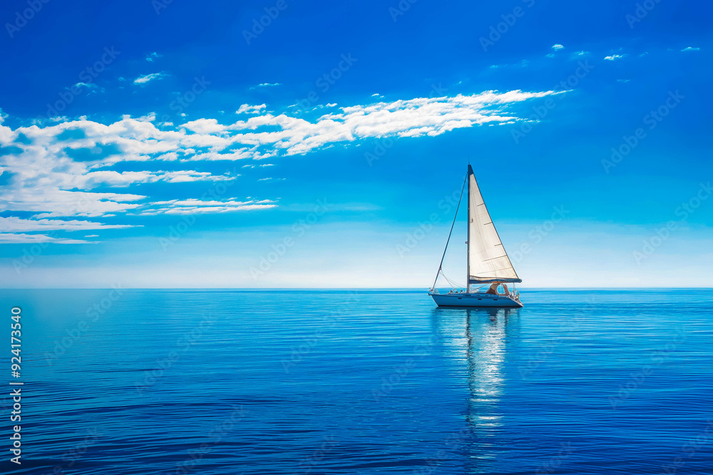 Obraz premium A single sailboat gliding across a calm blue ocean.