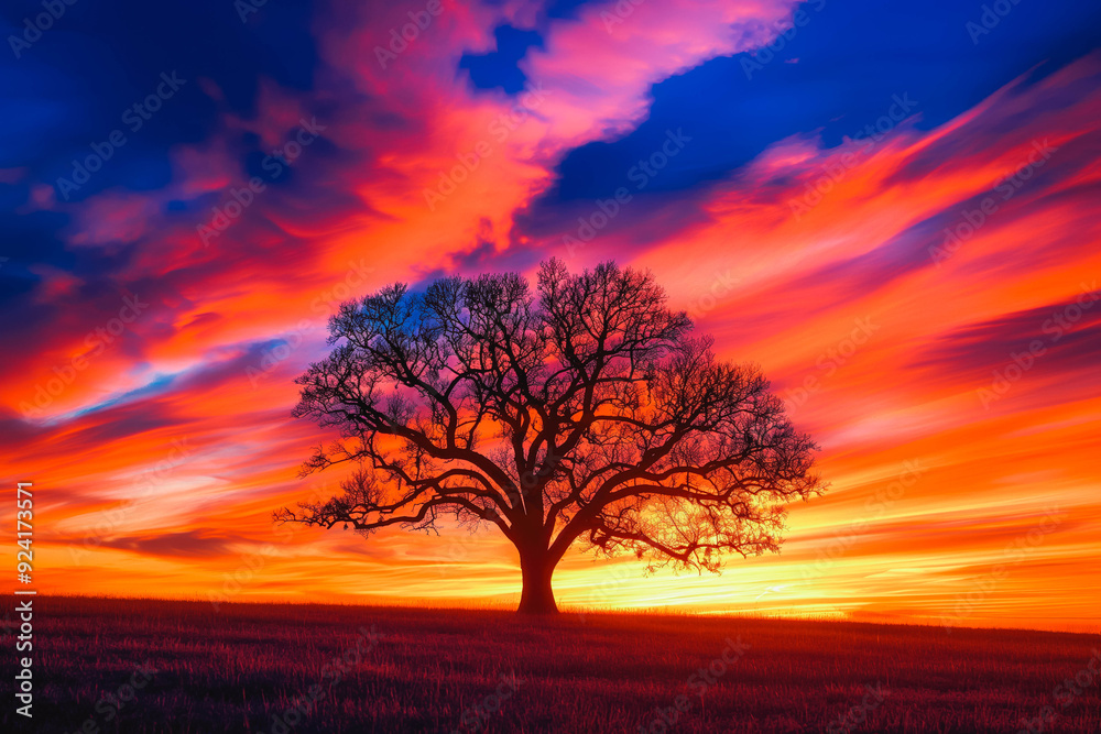 A single tree silhouetted against a vibrant sunset. A single tree silhouetted against a vibrant sunset.