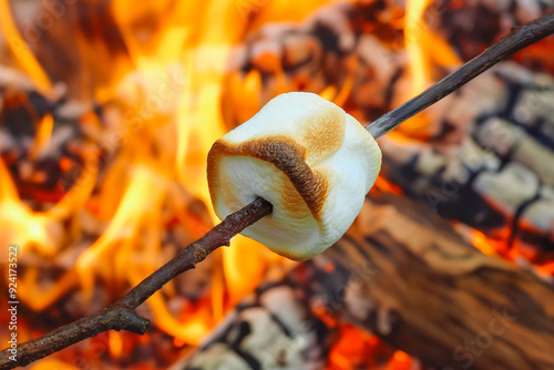 A single campfire marshmallow roasting on a stick over a fire. photo