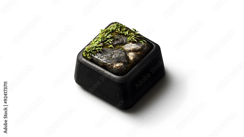 Black Keyboard Key with Moss and Rocks. Black Keyboard Key with Moss and Rocks.