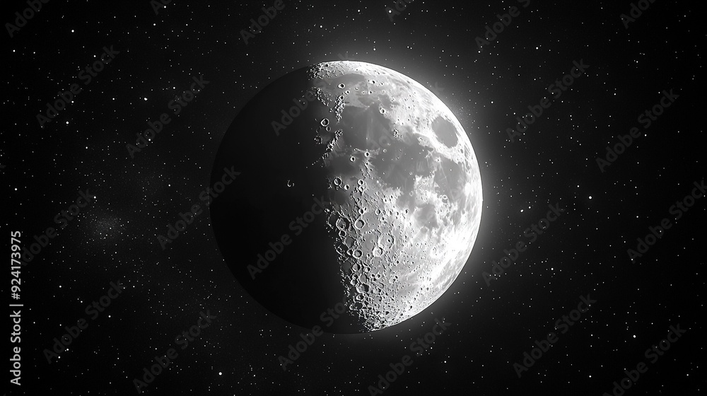 Fototapeta premium A high-resolution close-up of the moon against a starry night sky, captured in black and white