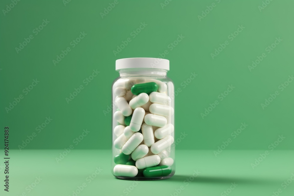 white pills in a jar on a green background. Get treatment. Vitamins. Dietary supplement white pills in a jar on a green background. Get treatment. Vitamins. Dietary supplement