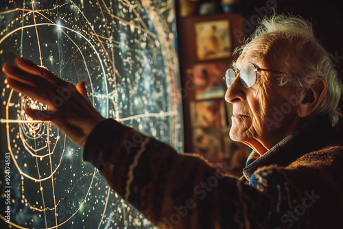 An elderly astrophysicist with twinkling eyes points at a complex star chart on the wall, explaining the vastness of the universe. photo