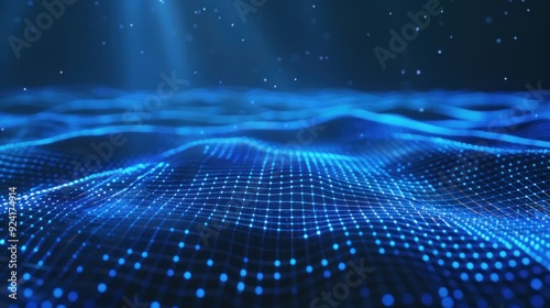 Abstract Digital Landscape: Blue Grid and Lights